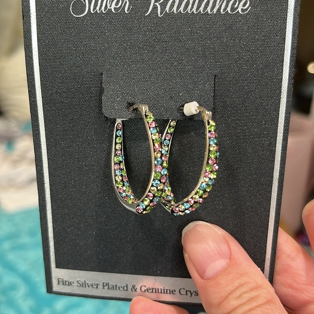 Silver plated multi colored crystal hoops
